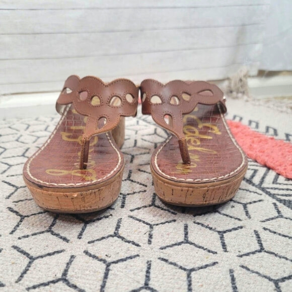 Sam Edelman Brown Leather Cork Thong Wedge Sandals